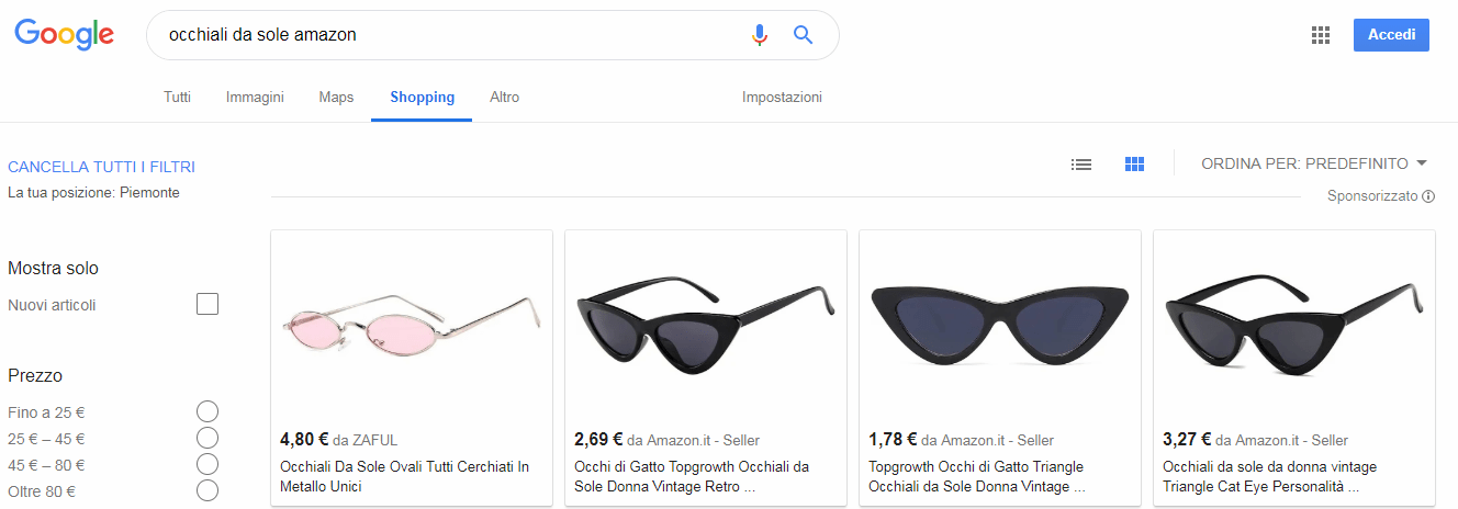 Screen ricerca Google occhiali da sole
