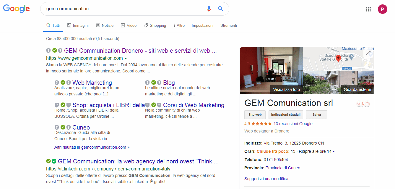 Screen Risultato ricerca scheda Google My Business Gem Communication